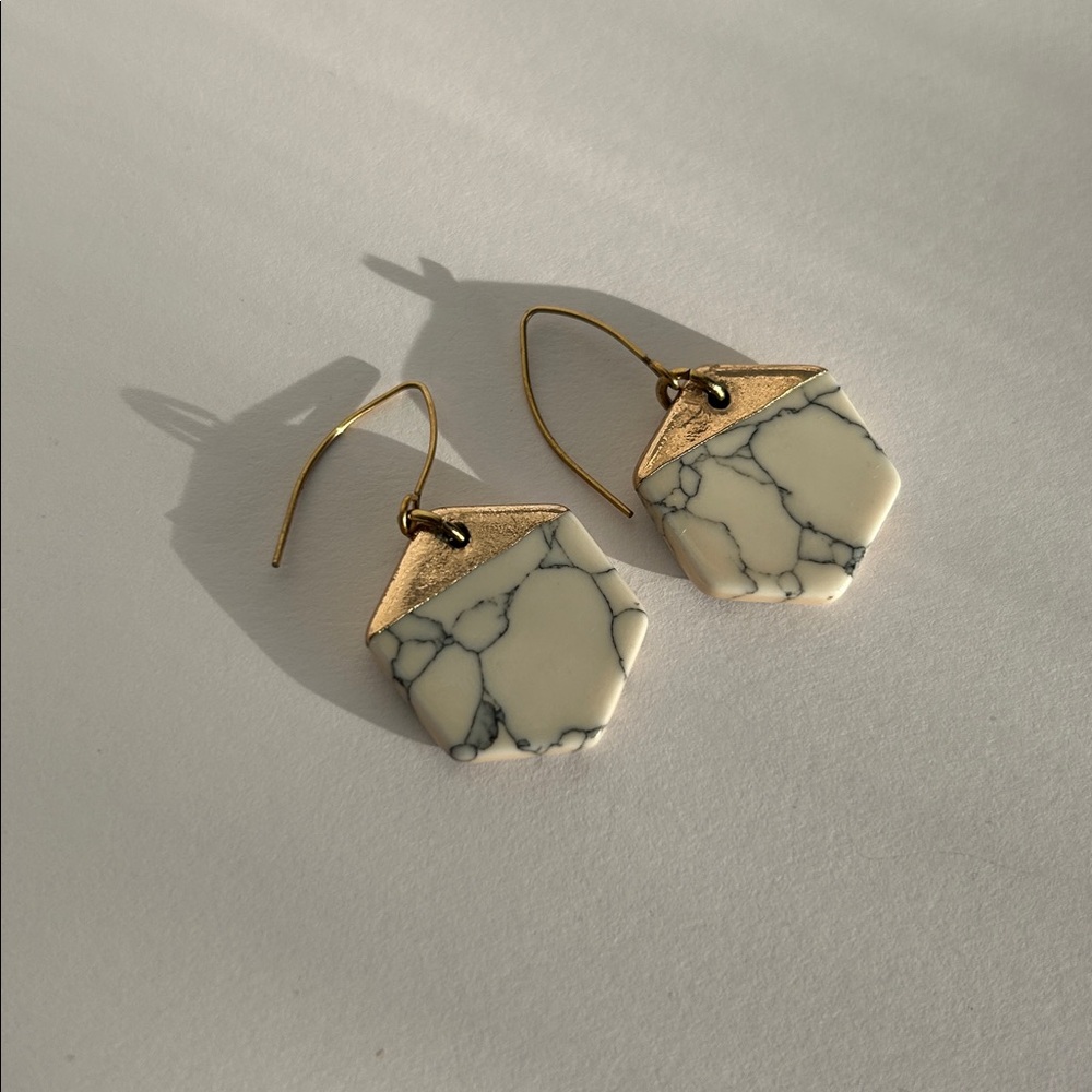 Hexagon Gold and White Marble Earrings